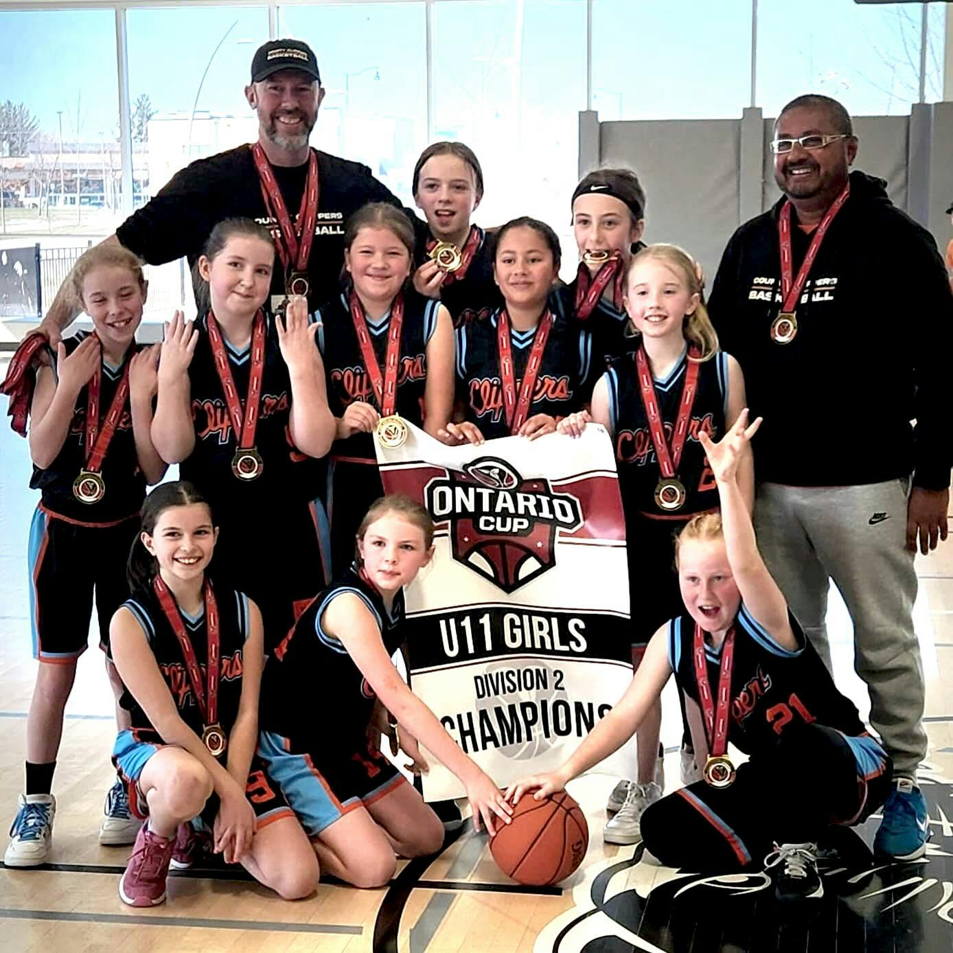 <p>The U11 County Clippers are Ontario Cup Division 2 champions. The club, coached by (left) Drew Wollenberg and (right) Hiten Lad, include Lilja Schaer,  Nora Vader,<br />
Norah Lad,  Emma Wiersma,  Avery Carlone,<br />
June Wollenberg, Mckayla Smyth, Quinn Heintzman-Mountenay,<br />
Vanessa Bond, Stella Coleman as well as affiliated players (not pictured) Lola Hart and Elle Kopp. (Submitted Photo).</p>
